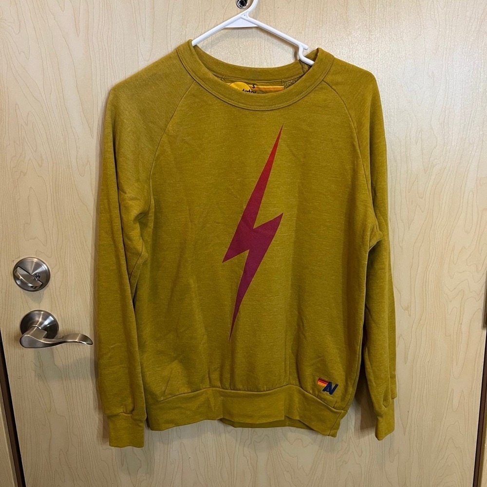Aviator Nation Mustard Sweatshirt with Red Lightning Bolt